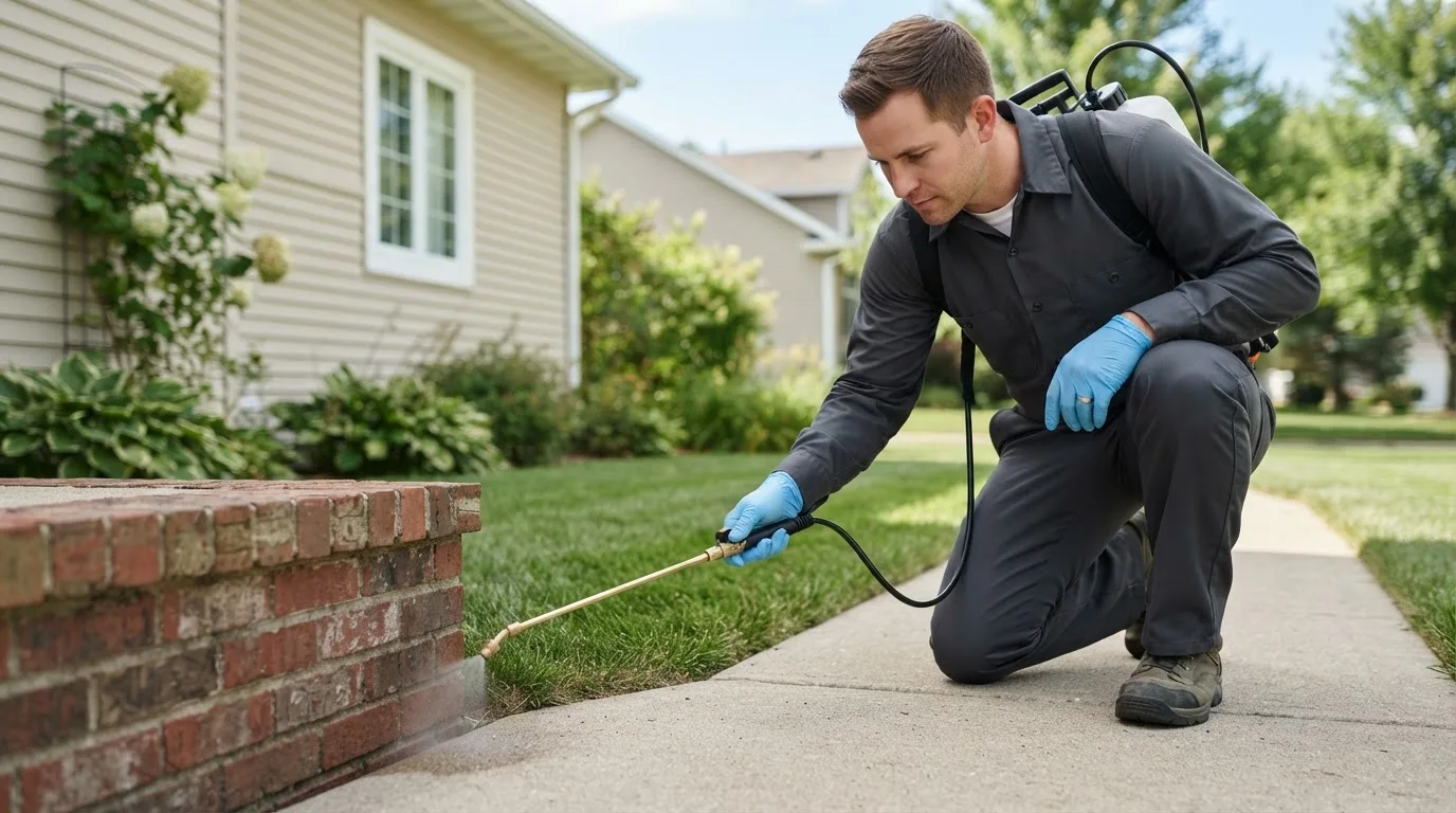 Pest control technician treating a home near Denton, TX