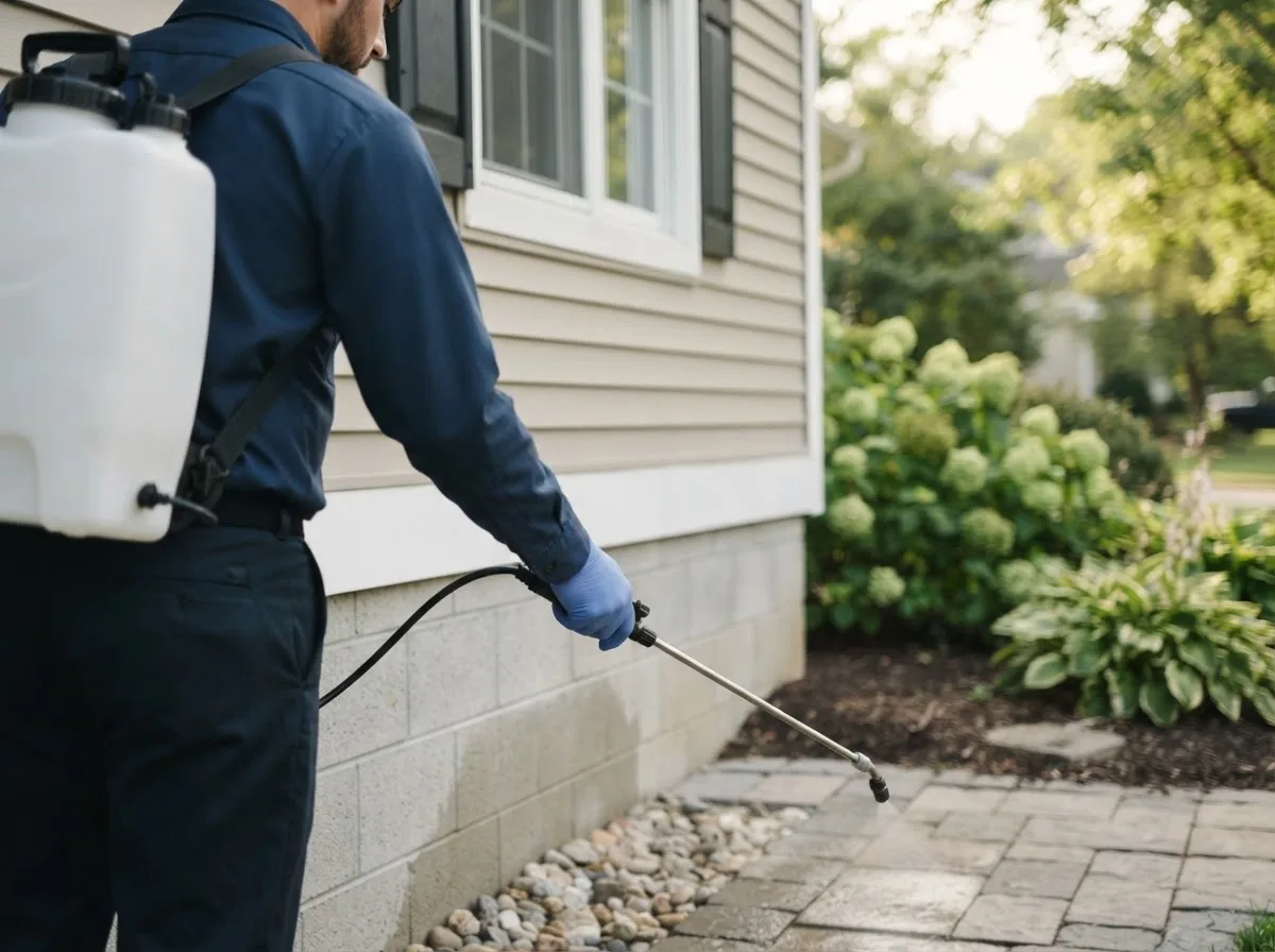 Pest control technician inspecting a home in Denton, TX